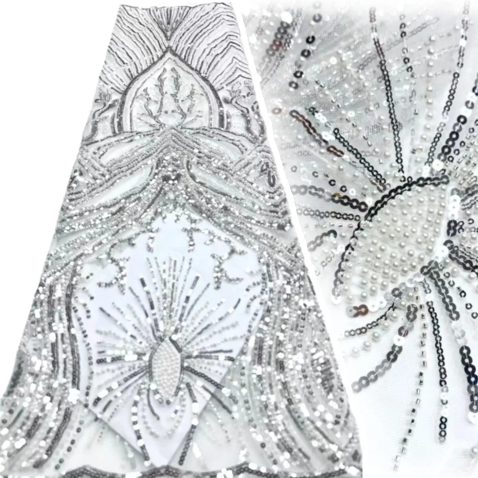Afrykańska koronka, srebrna, najnowsze nigeryjskie koronki, wysokiej jakości tkanina z cekinami, siatka koronkowa, francuska koronka z cekinami SZ1676
