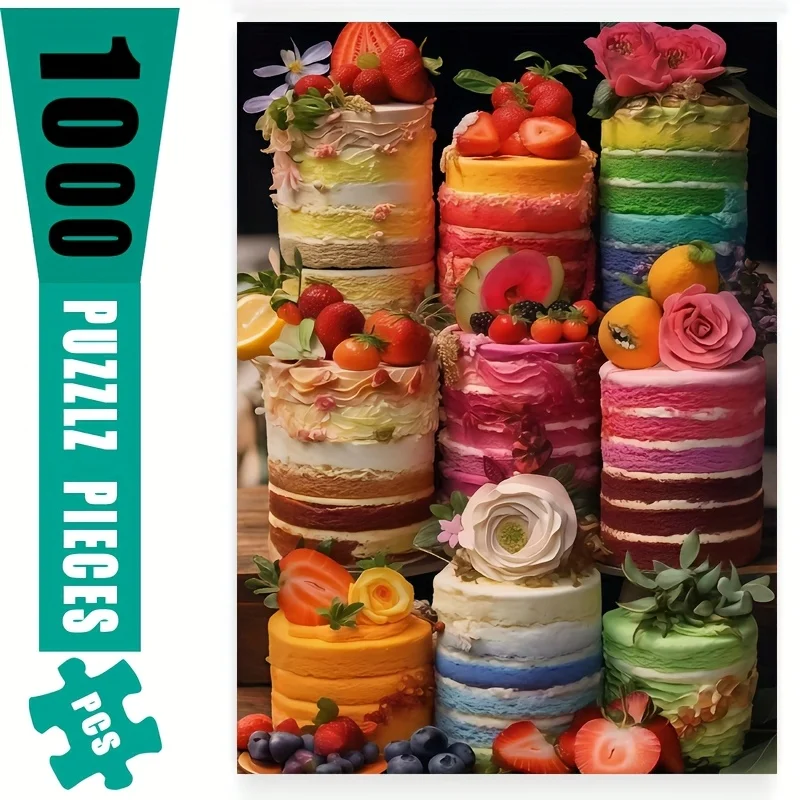 1000ピース パズル - いちご、ブルーベリー、バラを使ったリアルな層状ケーキ - 鮮やかな色（ピンク、イエロー、グリーン、オレンジ、P）