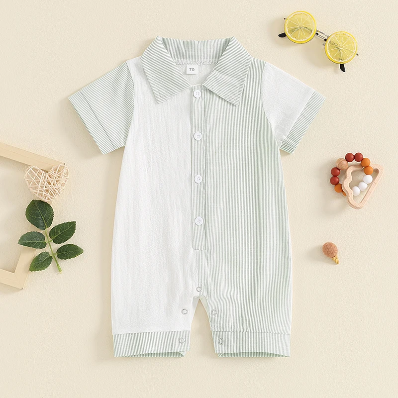 2024-05-13 Lioraitiin Baby Boy Jumpsuit Summer Short Sleeve Lapel Collar Stripes Print Romper Newborn Playsuit