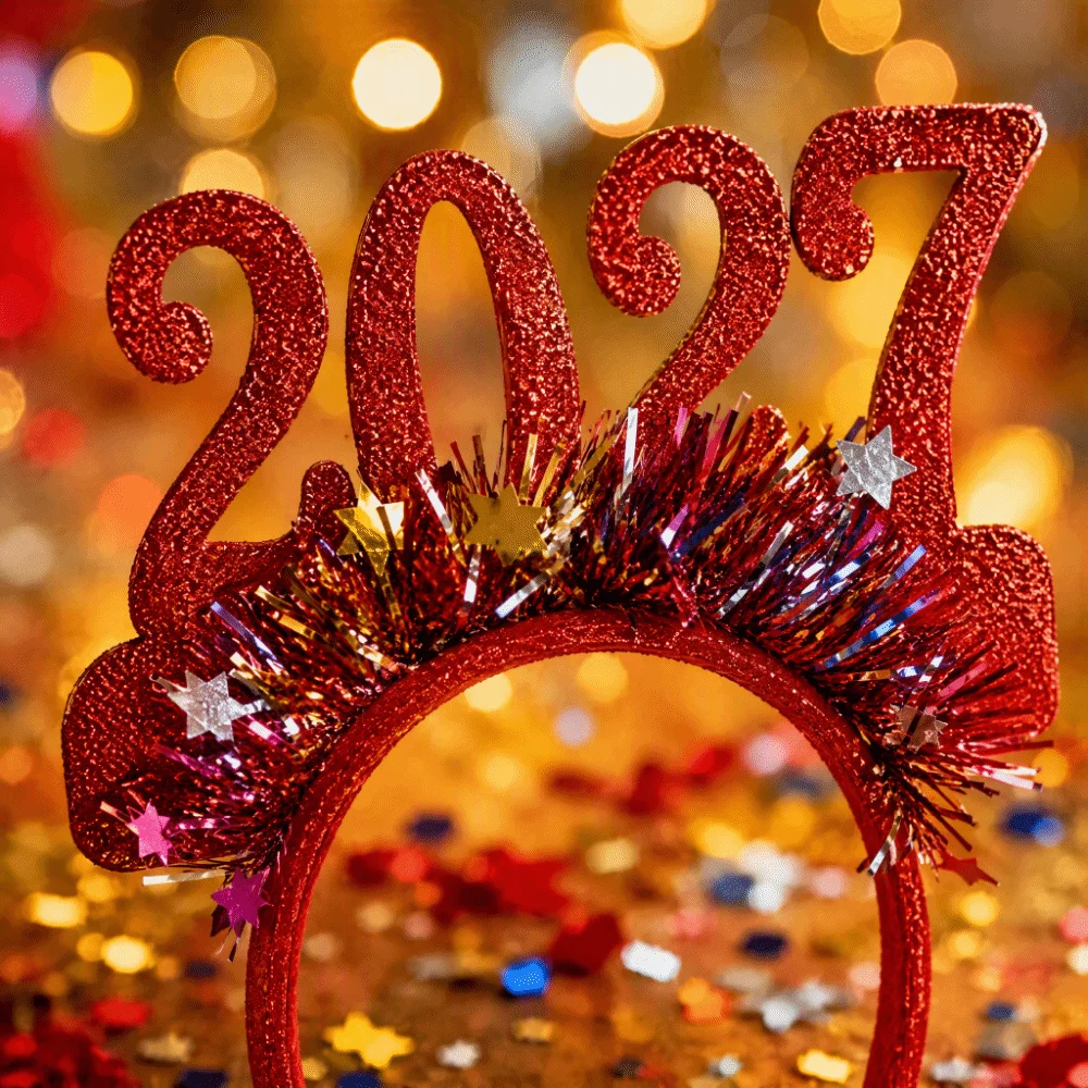 Adjustable Size 2027 Christmas Headband Light-Up Function Glitter Sequined New Year Headpiece Flexible Design Plastic Frame