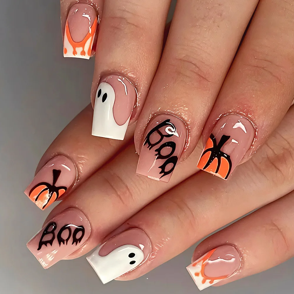 Halloween Fake Nails 24Pcs Ghost Pumpkin Skull Bat Spider Web Multiple Style Nail Art Women Girl Party Press On Nails
