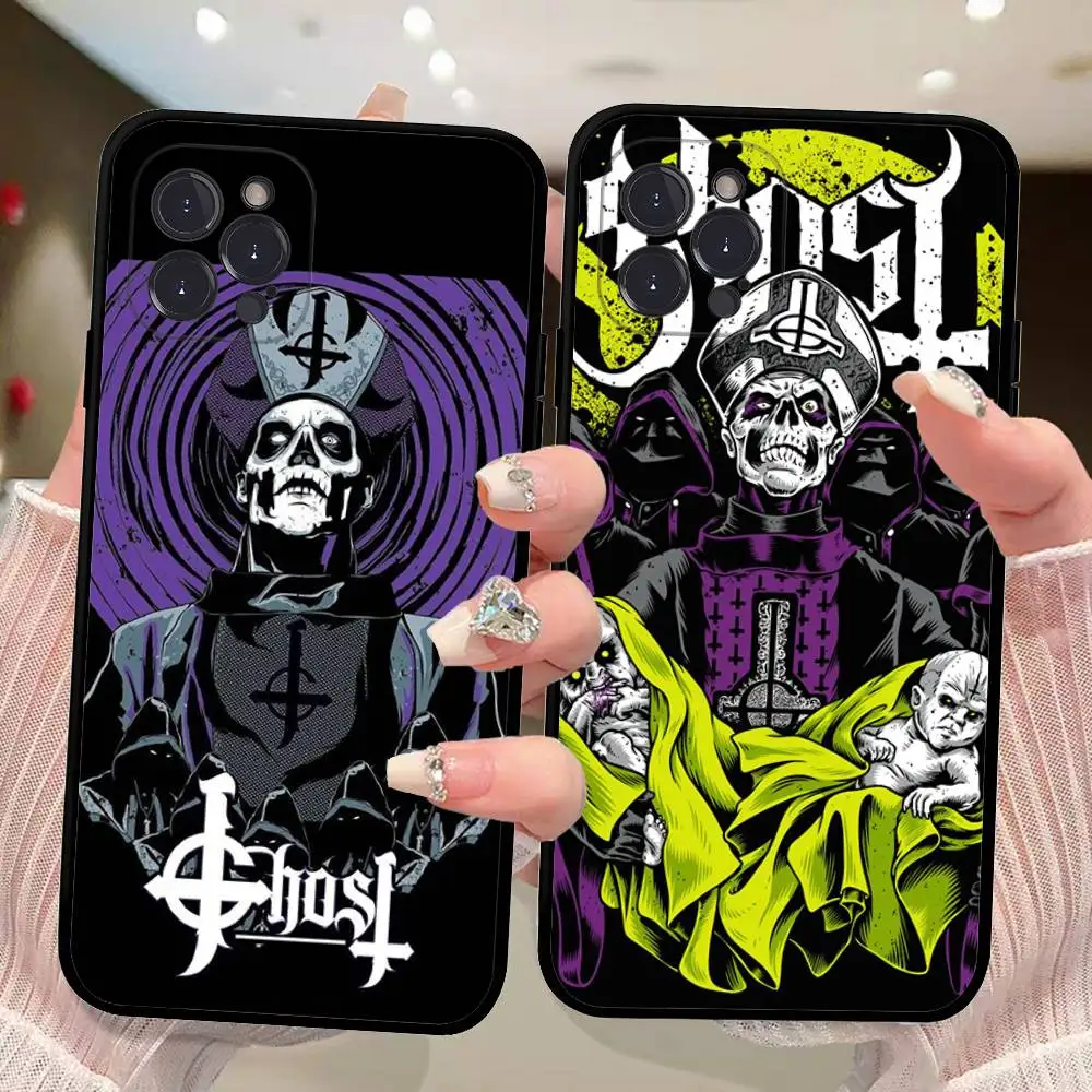 Clássico banda de metal g-ghost caso de telefone para iphone 16 15 14 13 12 11 17 pro max simplicidade volta tpu caso macio