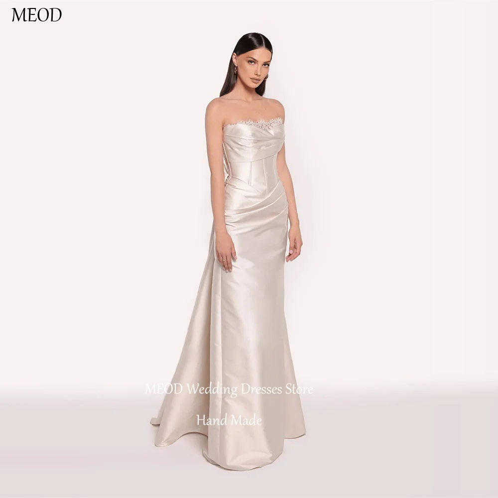 

MEOD Formal Satin Wedding Dresses Bride A Line Bow Lace Strapless Sleeveless Vestidos De Novia Floor Length Dress Customized