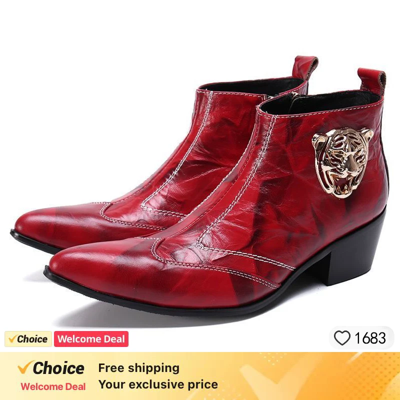 Wine red pointy Genuine Leather Men Ankle Boots Heels Men Boots Pointed Toe Party and Wedding Footwear leather boots