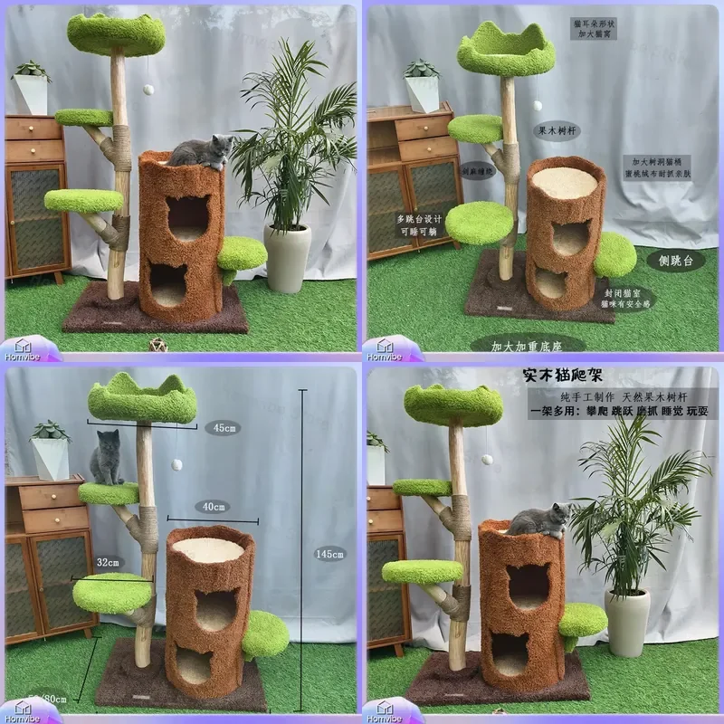 Solid Wood Cat Tree with Sisal Scratching Post Multi Level Climbing Frame Jumping Platform Cozy Nest House Furniture Toy
