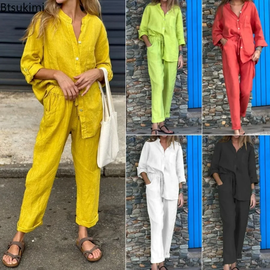

2025 Women's Cotton Linen Two Piece Set Spring Autumn Fashion Solid V Neck Shirt Tops and Wide Leg Pants Loose Casual Suit Femme