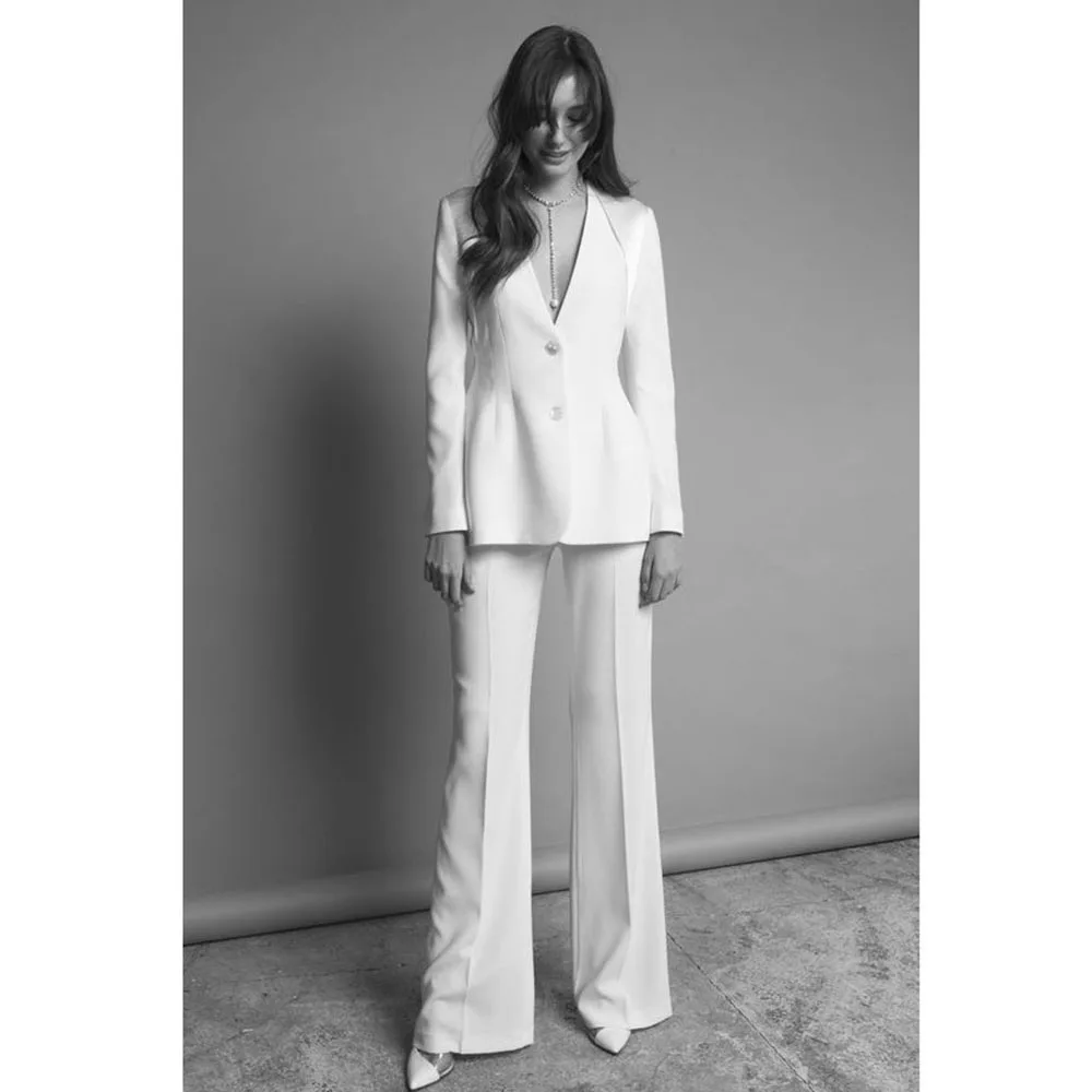 Trajes blancos de moda para mujer, chaqueta de 2 piezas con cuello en V y una hilera de botones, pantalones, ropa femenina, conjuntos de Blazers para banquete de oficina para mujer