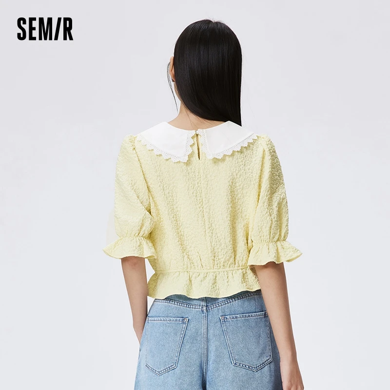 Semir Women Short-Sleeve Blouse Short Lace Collar Shirt Embodying Cute 2024 Summer New Arrival Floral Shirts Women