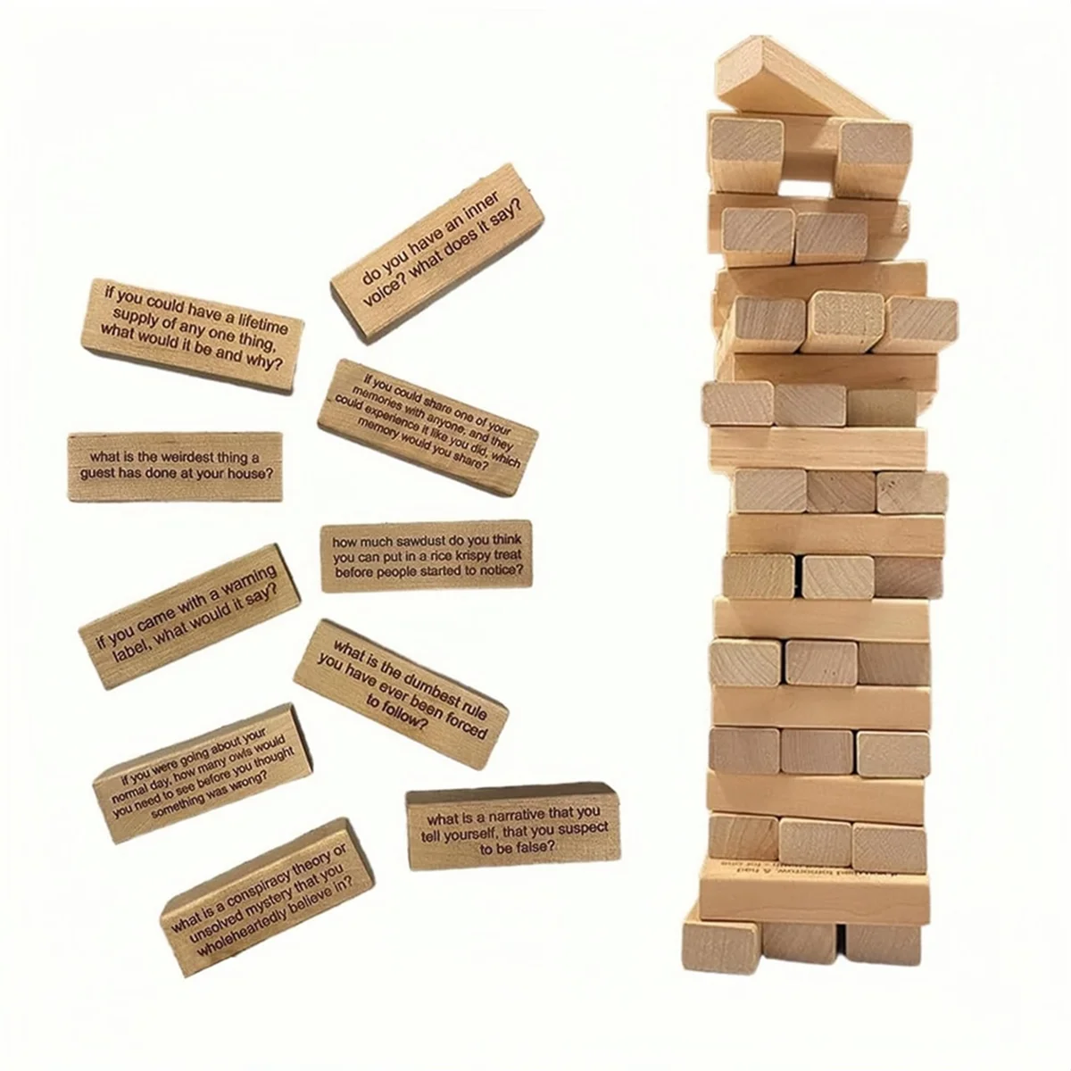 Questions Tumbling Tower Game, 54 Pieces Questions Tumblin' Tower Game, Wooden Board Stacking Game