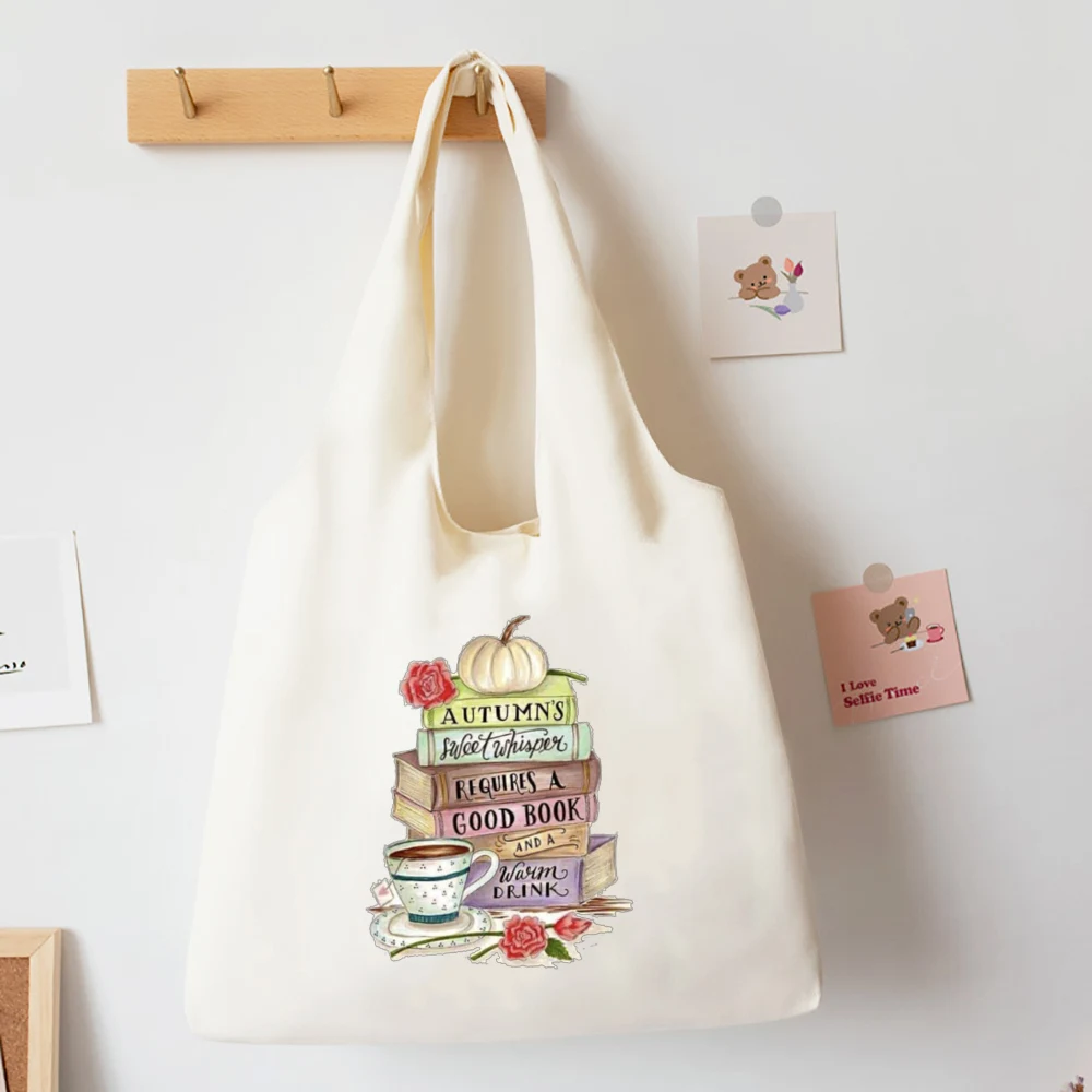 Floral Books Printed Shoulder Bag Literature Book Flower Tote Bags Illustration Girls Book Bag Travel Harajuku Canvas Handbag