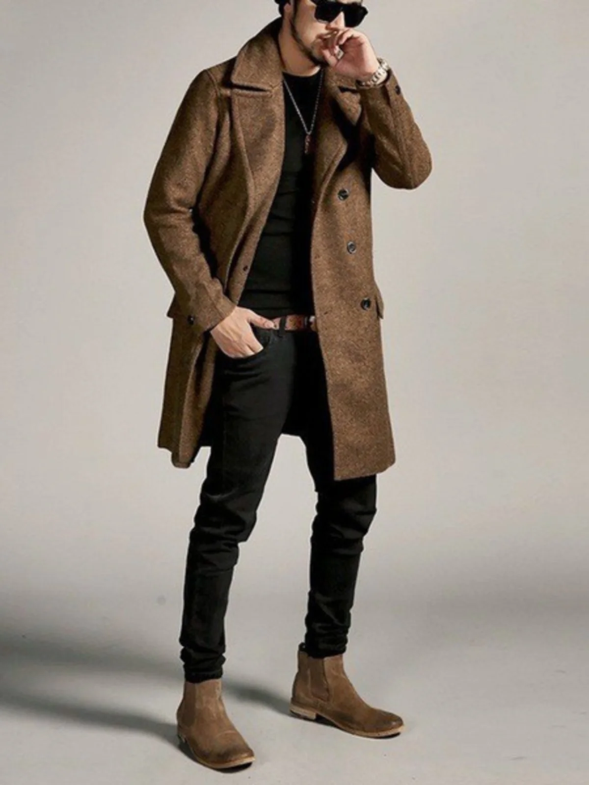 

Мужское удлиненное шерстяное пальто на осень-зиму, утепленное, винтажное, в западном стиле, премиум-класса, с прямым подолом, двубортное, однотонное