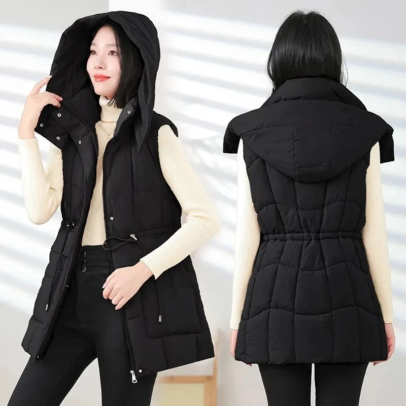 

Fashion Hooded Autumn Winter New Down Cotton Vest Women Sleeveless Zipper Jacket Female Waistcoat Ladies Jacket Outwear Tops