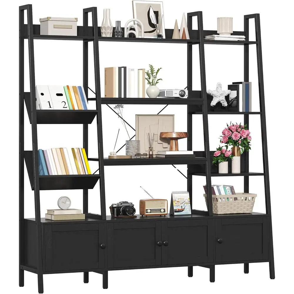 

Triple-Wide 4-Tier Open Bookshelf with Adjustable Shelves and Storage Cabinet, Large, Black for Home Office