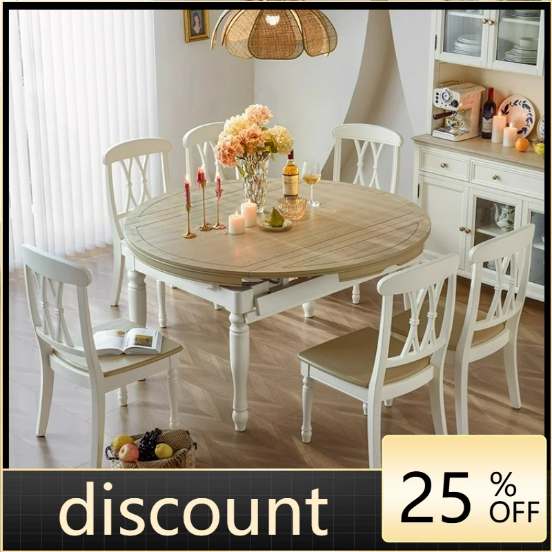 LTT American white dining table retractable folding household variable round table solid wood dining table and chair combination