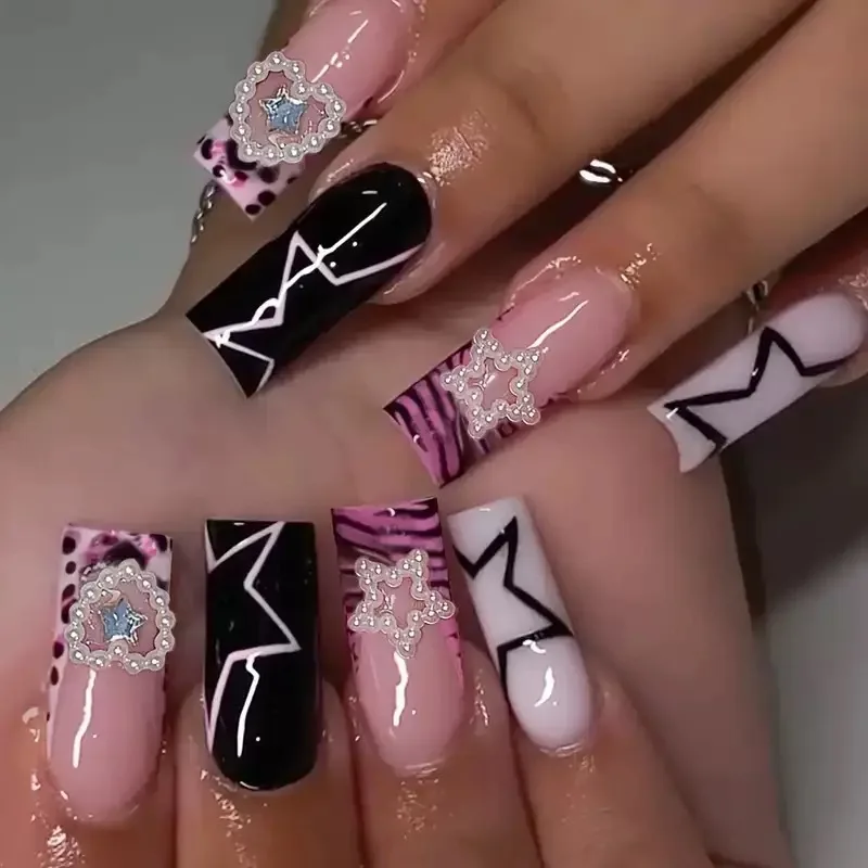 

24PCS Pink Zebra Leopard Press on Nails with Pearl Star Rhinestone Decor Square Black White Acrylic False Nails for Y2K Gothic