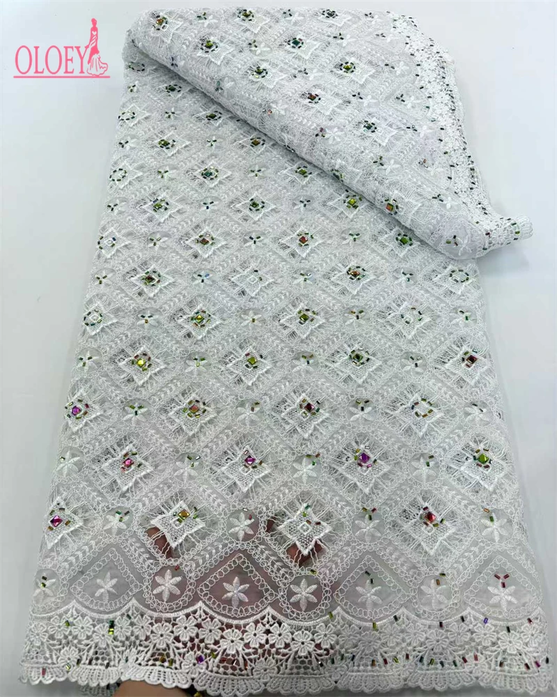 

OLOEY African Guipure Cord Lace Fabric with Rhinestone High Quality Water Soluble for Nigerian Party Dress Sewing