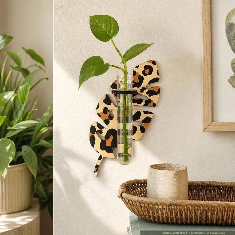 Wooden Hydroponic Planter Shelf Home Ornaments Leaf Shape Wall Mounted Planter Geometric Hollow Out
