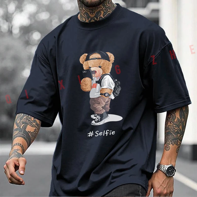 Trendy Bear Selfie Design Motorcycle Printed T-Shirt Men's Fashion Short Sleeve Exquisite Design Essential Top Tees