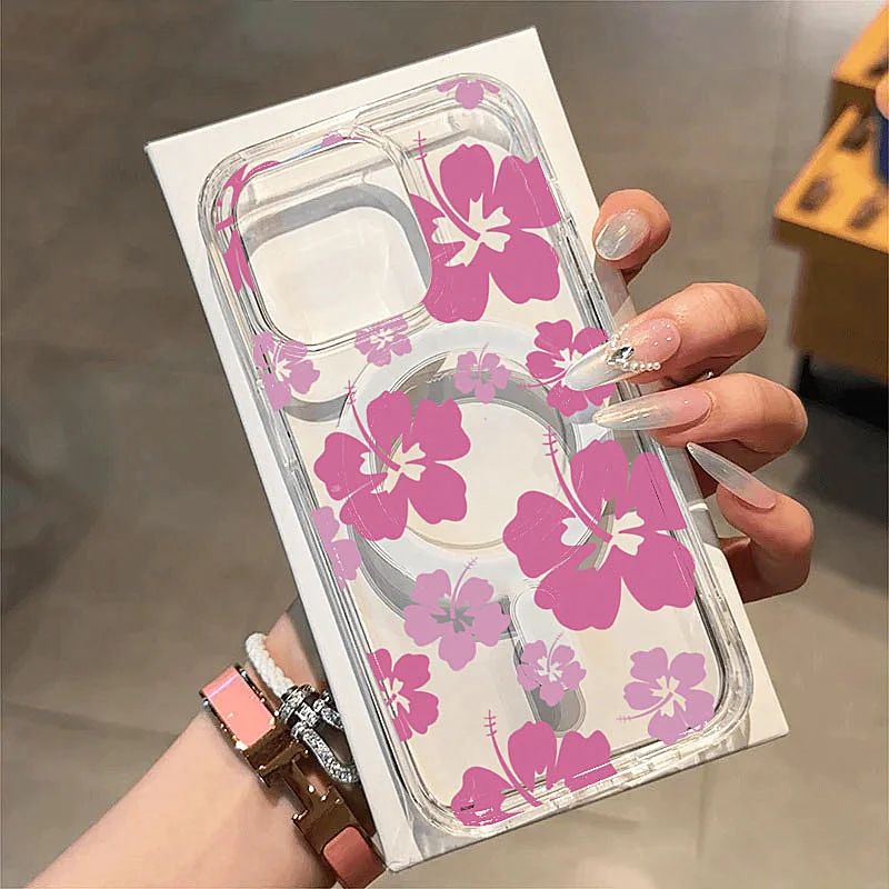 

Pink Flower Magsafe Magnetic Clear Phone Case For Samsung S25 Ultra Cases Galaxy S24 S23 Plus S22 S21 FE Wireless Charge Cover