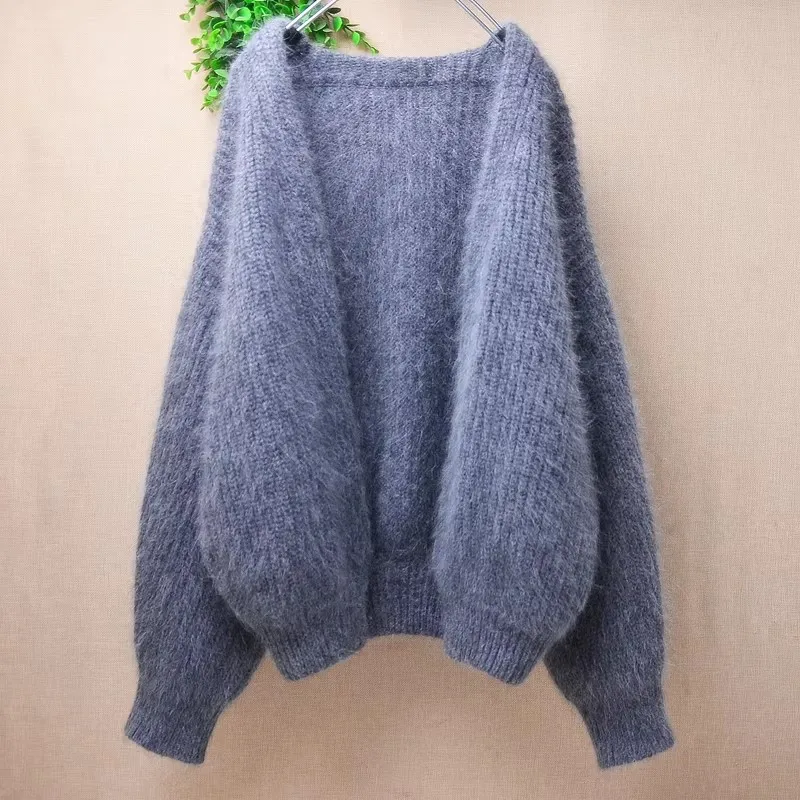 

Women Mujer Autumn Winter Thick Warm Grey Hairy Angora Rabbit Hair Knitted Long Sleeves Short Style Loose Cardigans Mantle Coat