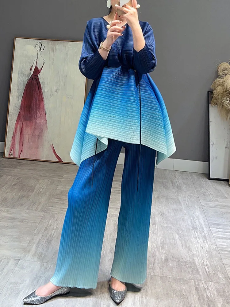 LANMREM Pleated Gradient Sets Women O-neck Irregular Long Sleeve Tops Loose Wide Leg Pants 2024 Summer Female New Clothing 2I560