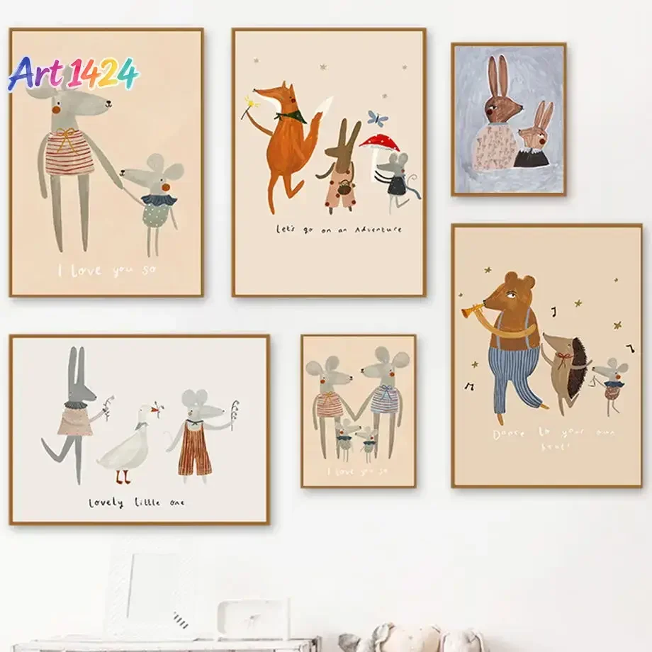 Mouse Family Rabbit Fox Hedgehog Dance Nursery Poster Nordic Wall Art Print Canvas Painting Boho Pictures For Bedroom Baby De