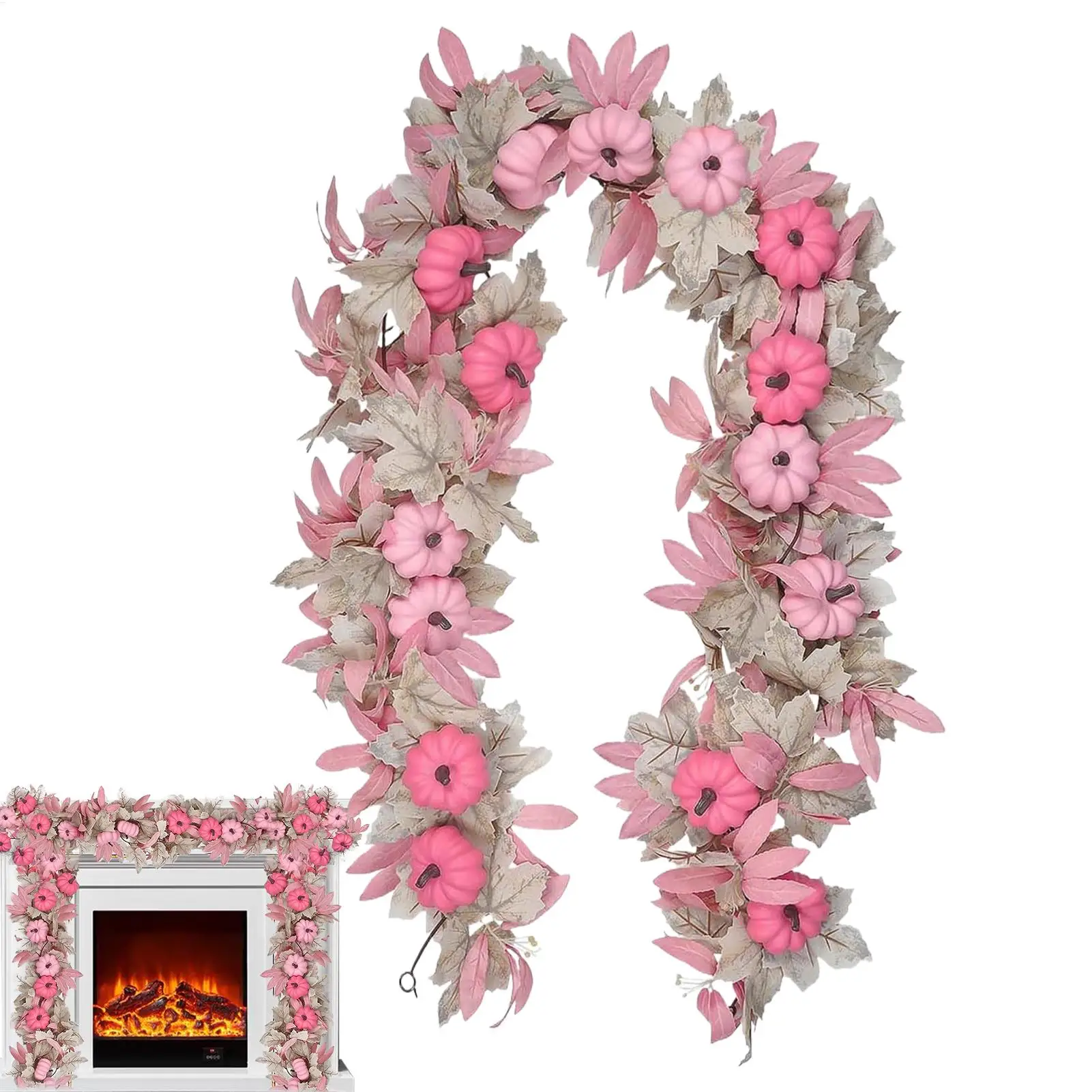 5.7ft Pink Pumpkin Garland, Realistic Fall Halloween Thanksgiving Decor for Front Door, Mantel, Window, Harvest Party Decoration