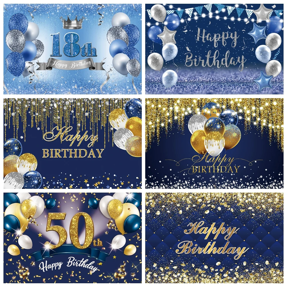 Blue Golden Silver Diamonds Photo Background Happy Birthday Customized Photography Backdrop Family Portrait Photocall Banner