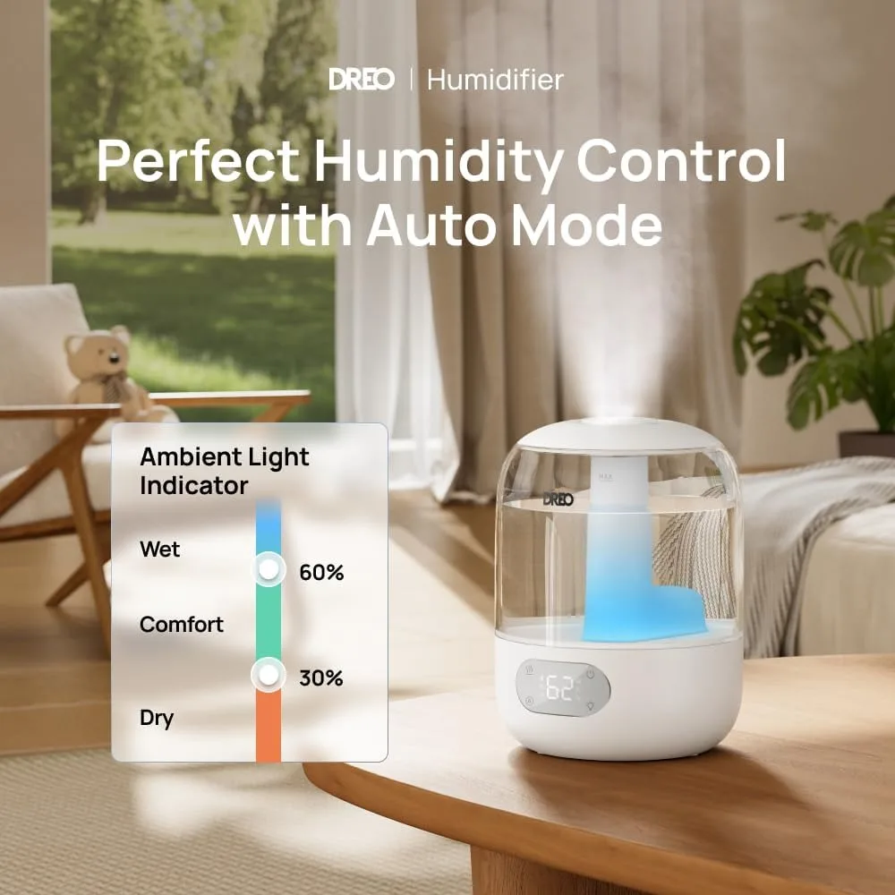 Cool Mist Ultrasonic Humidifier with Easy Top Fill & Clean, 30H & Quiet Runtime, Humidity Sensor, Night Light for Baby, Plants