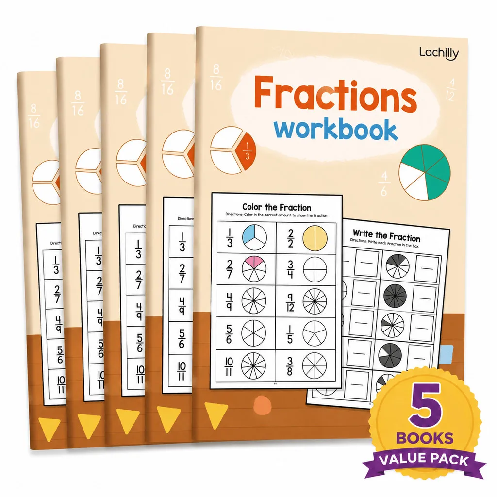 5 Books Value Pack - Fraction Workbook for Children Math Learning Resources Simple Fraction Circles Educational Practice Book