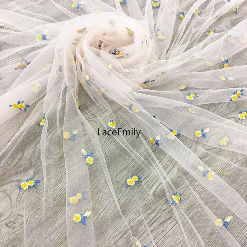 Delicate small flower embroidery Lace Fabric flowers soft pink mesh tulle For Wedding Gown, Bridal Dress,  Party Dress 1 Yard