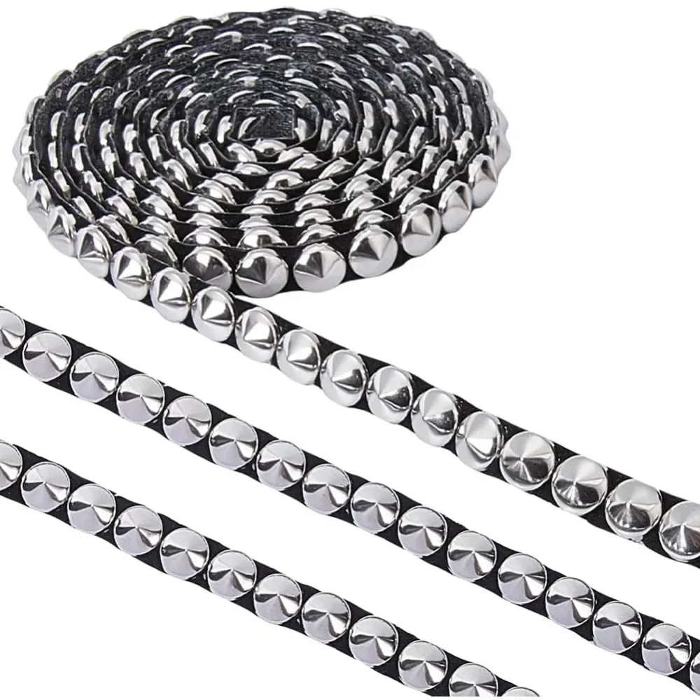 2 Yards 8mm Wide Hot Fix Nailhead Trim Silver Metal Convex Dome Iron on Nailhead Trim with Black Base Pyramid Stud Decorative