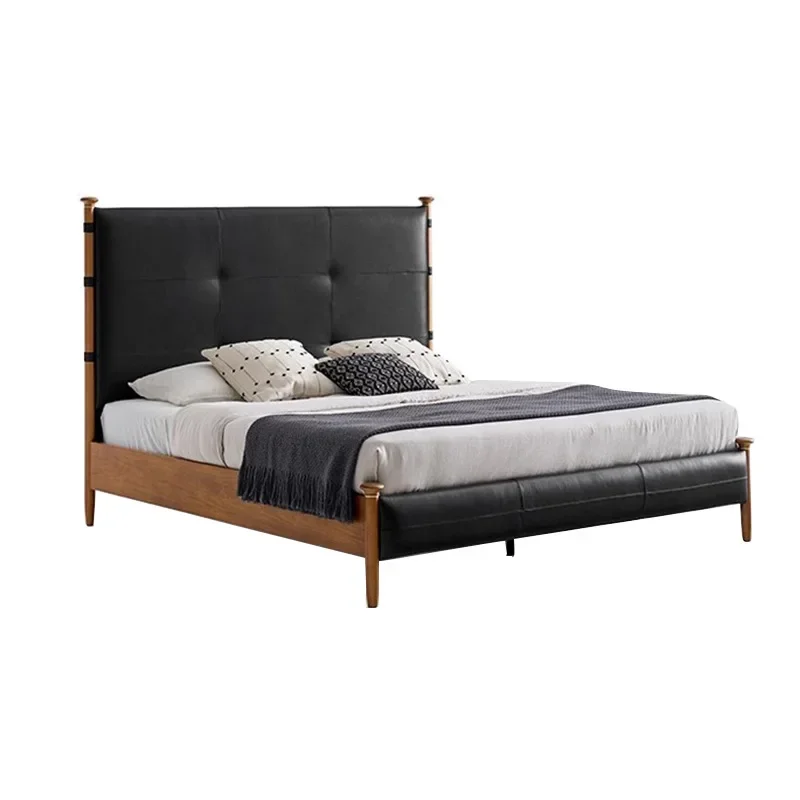 Medieval leather sycamore bed French retro black master bedroom first layer cowhide Italian minimalist solid wood