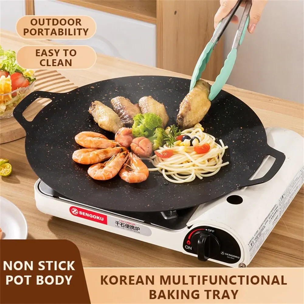 Korean Style Non-Stick round Grill Pan Maifan Stone Induction Gas Compatible Pork Belly Roaster Barbecue Tray Cooker Plate