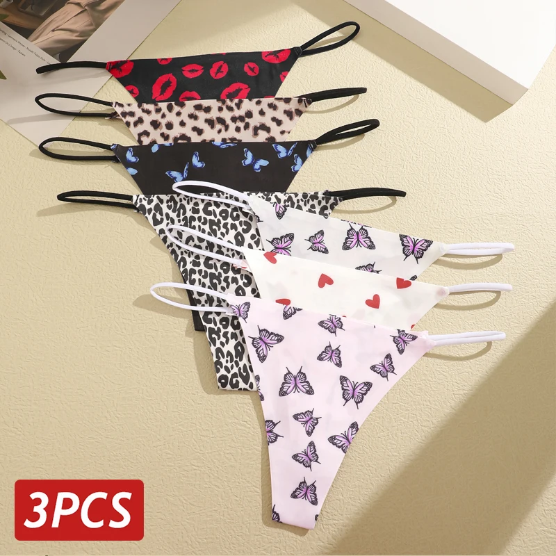 3PCS/Set Leopard Thongs Women Sexy G-String T-Back Panties Fashion Printting Butterflies Love Heart Red Lips Pattern Underwear