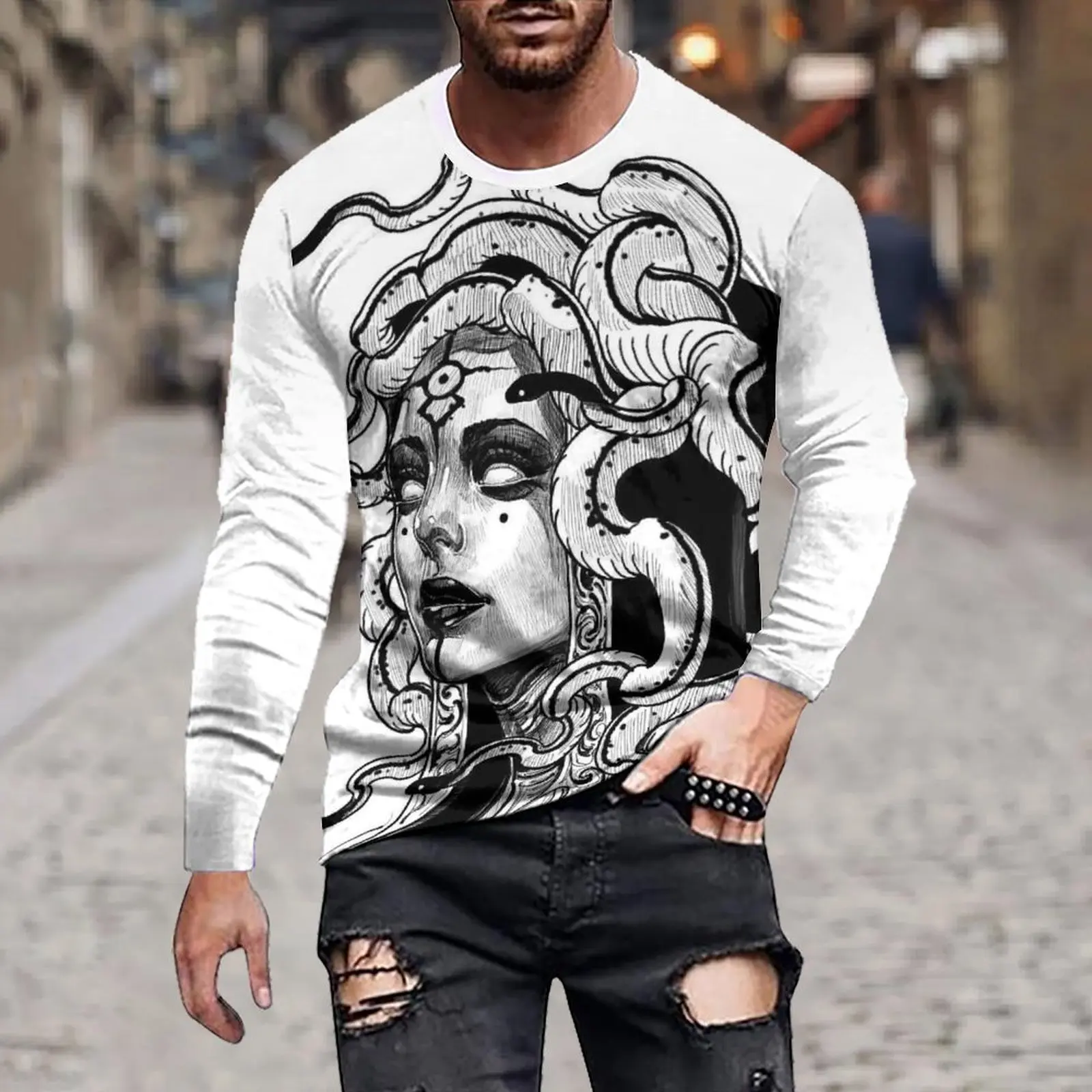 Spring And Autumn Men's Fashion Loose Casual Black And White Abstract Wind Irregular Cartoon Printed Round Neck Hoodie