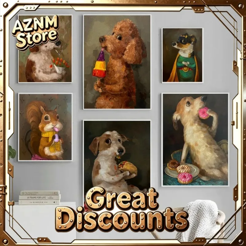 2026 Vintage Funny Puppy Eating Donut Art Poster Print Cute Kitten Eating Snacks Canvas Painting Living Room Wall Home  Unframe