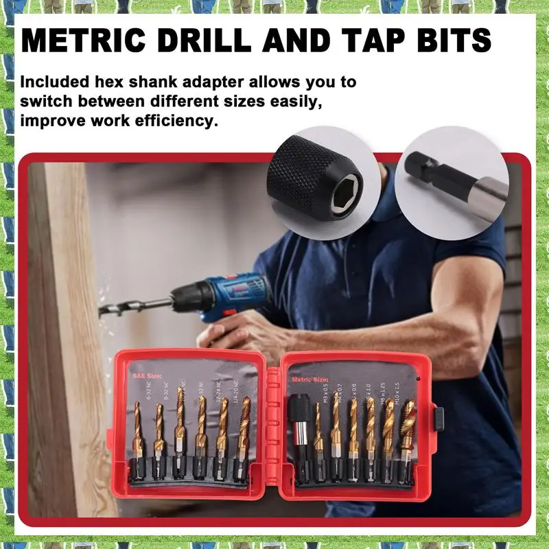 

FTS Titanium Combination Drill Tap Bit Set 13PCS SAE And Metric Tap Bits Kit For Screw Thread Drilling Tapping Deburring