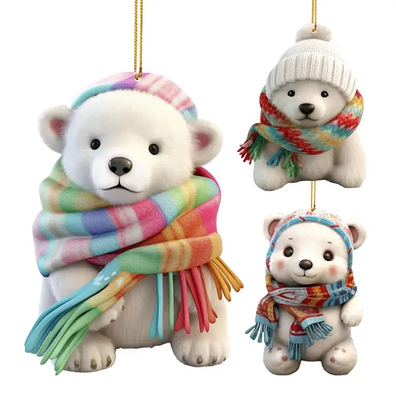 Polar Bear Christmas Ornament Cute Figurines Pendant 2D Acrylic Polar Bear Ornament Cute Hangings Polar Animals Figurines decor