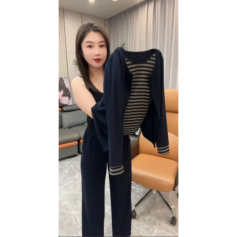 

Кардиган с длинными рукавами, модный костюм, женский полосатый лоскутный топ из двух предметов, широкие брюки, комплект из двух предметов