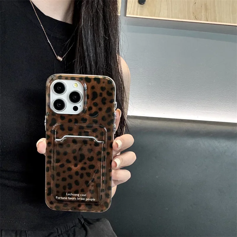 

Luxury Gold Leopard Print Card bag Phone Case For iPhone 15 Pro 13 14 Pro Max Cover Silicone Shockproof Fashion Protective Case