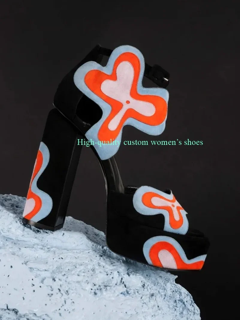 Pink And Blue Flowers Color Blocking Decorative Summer Round Exposed Toe Velvet Fabric Waterproof Platform Luxury Sandals
