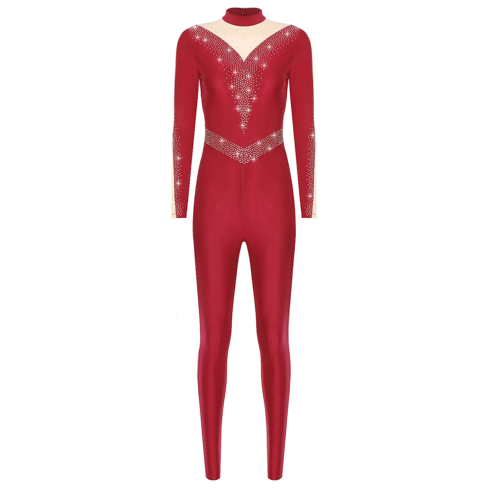

Women Shiny Rhinestones Dance Gymnastics Leotards Patchwork Long Sleeve Zipper Full Jumpsuit for Figure Skating Ballet Dancewear