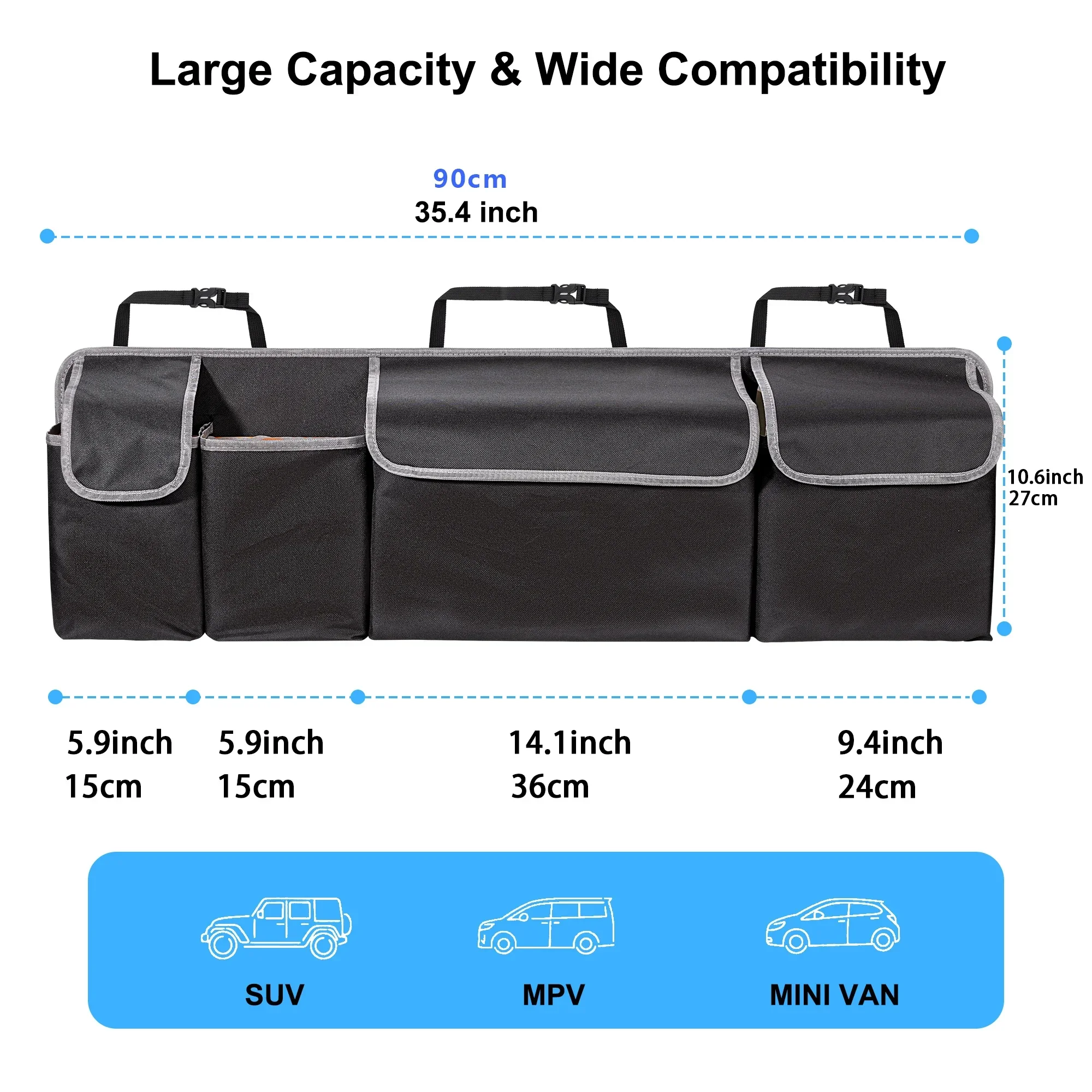 Car Trunk Organizer for SUV Backseat Hanging Organizer for SUV Truck MPV Upgrade Back Seat Storage Bags with 4 Pockets 39*14inch