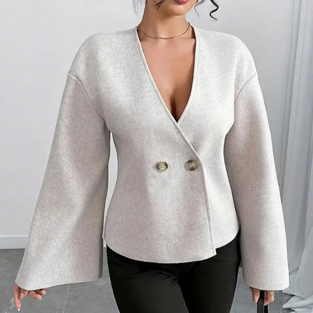 

Women's Fashionable Casual Woolen Coat with Flared Sleeves V-Neck Elegant Open Cardigan Short Jacket for Autumn Winter