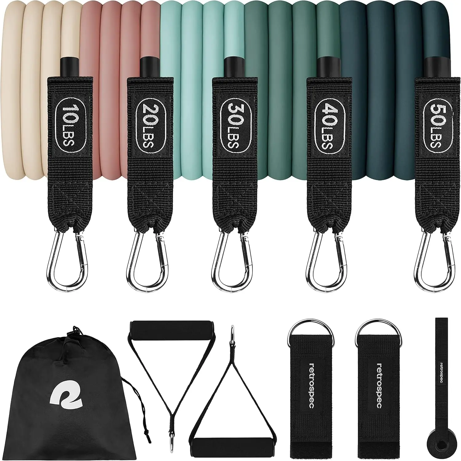 Retrospec Train Resistance Bands Set for Working Out - 5 Stackable Bands, Handles & Door Anchor - Portable Fitness Equipment for