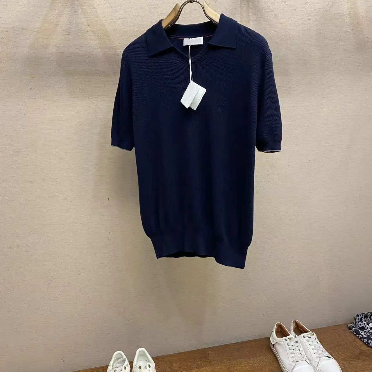 Italy spring and summer old money Fengshi seagull neck ribbed knitted polo shirt lapel collar short-sleeved POLO shirt