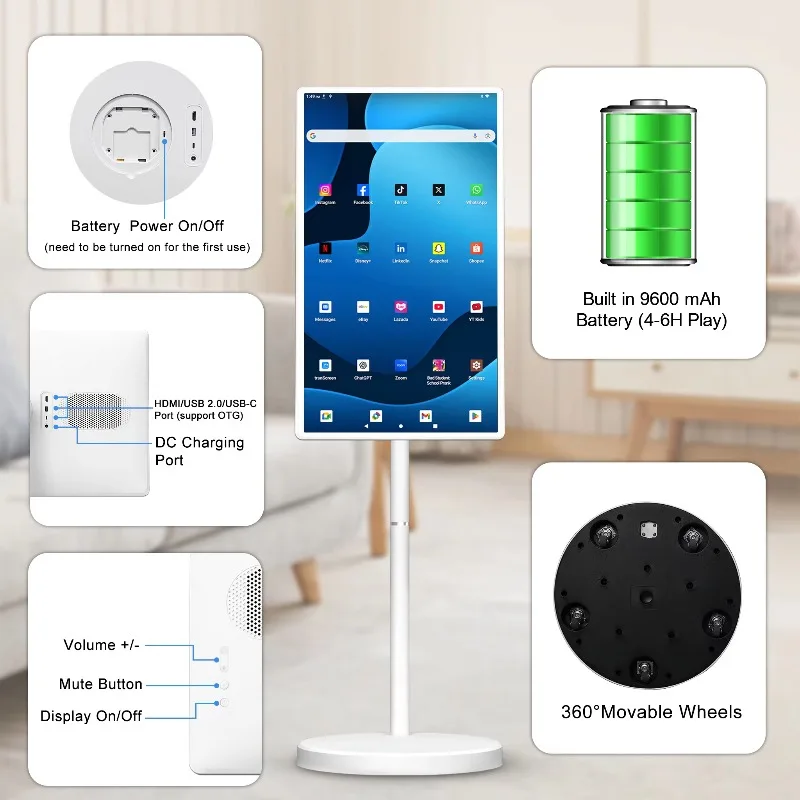 تلفزيون محمول ذكي تفاعلي 32 بوصة، شاشة بيضاء تعمل باللمس، تلفزيون ذكي، شاشة أندرويد، عمر البطارية 6H، تلفزيون LCD #5