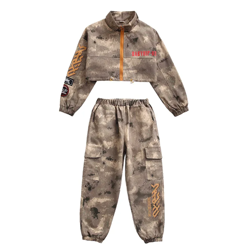 Boys Hip Hop Jacket Cargo Pant Girls Camouflage Crop Tops Jacket Clothes Child Military Joggers Street Dance Kids Streetwear
