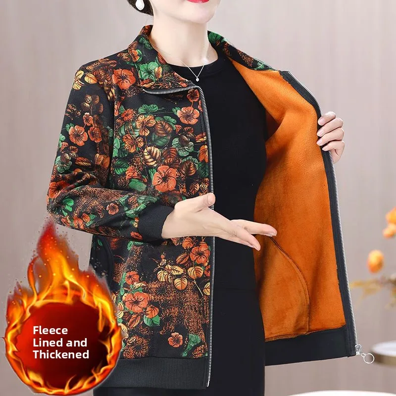 

Thickened Fleece Spring Autumn Winter Jacket Long Sleeve Turn-down Collar Mommy Clothes for Middle-aged Women 40-60 Years Old